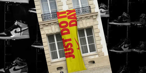 Visuel avec en fond d'illustration des chaussures nike et au premier plan une photo d'une banderole Just do it Day , événement interne à l'entreprise auquel Ice Boost a participé en louant deux bains froids