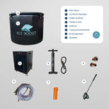 Visuel avec le contenu du colis Sedna Pro : un bain froid, un refroidisseur et tous les accessoires.