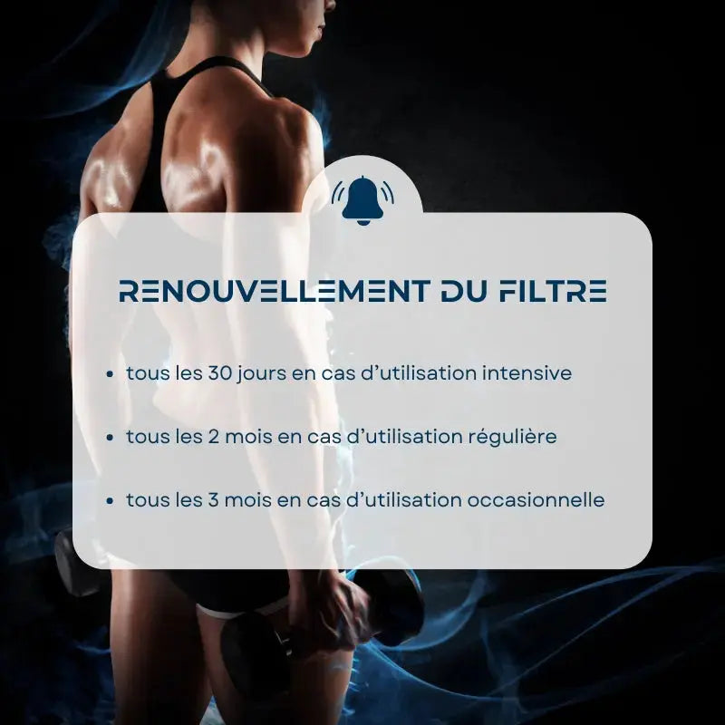 Visuel explicatif sur la fréquence de changement des filtres pour le refroidisseur vendu avec le bain froid gonflable Sedna de la marque Ice Boost