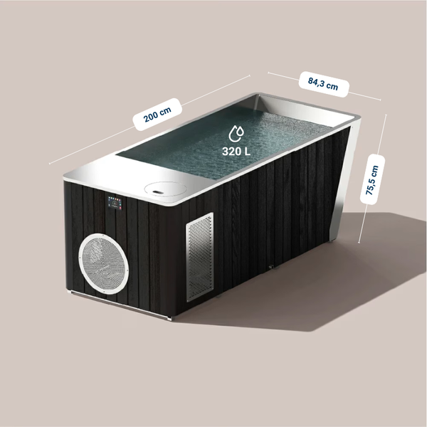 Bain froid Ultimate Pro d'Ice Boost en coloris noir avec les dimensions du produit