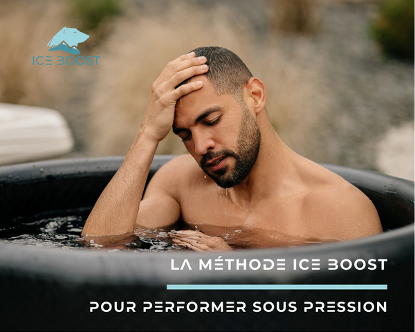 Visuel d'un homme dans un bain froid avec le titre la méthode Ice Boost pour performer sous pression